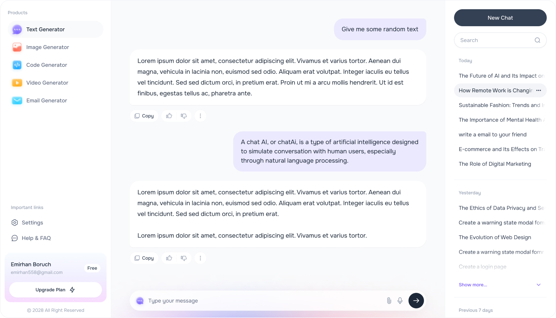 Área de trabalho do gerador de texto do SpaceGestãoAI com conversa e ferramentas de IA